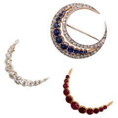Victorian Diamond Crescent Brooch, with Sapphire, Ruby and Diamond Inserts