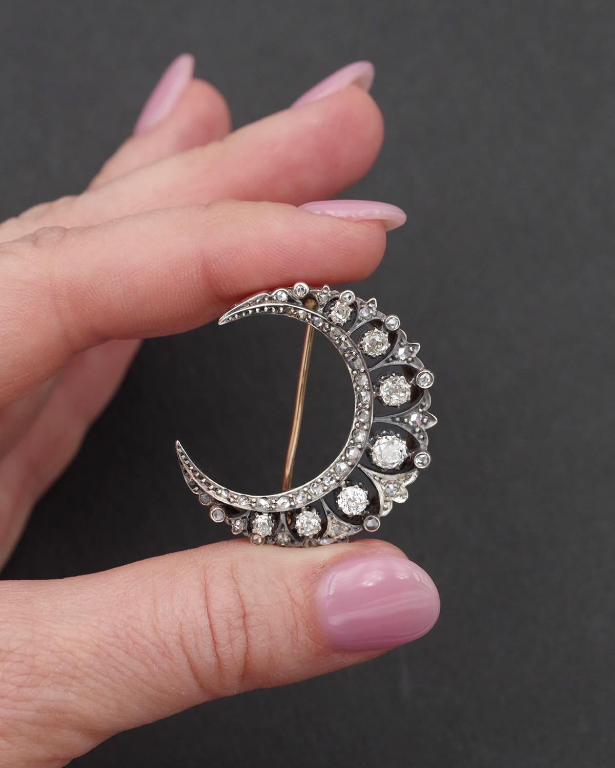 Luna creciente victoriana de diamantes, joya celeste de finales del siglo XIX Victoriano en venta