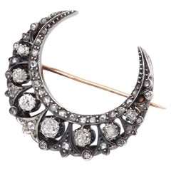 Antique Victorian diamond crescent moon, celestial jewel from late 19th century