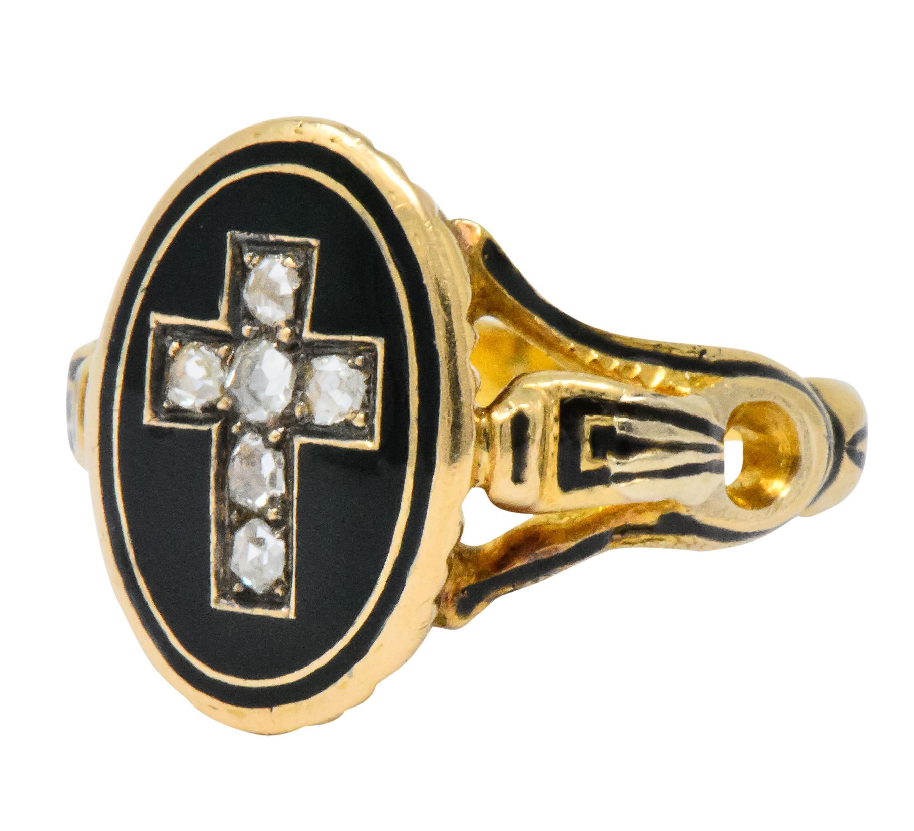 Centering a cross set with six rose cut diamonds

On a surface of black enamel

Pierced shoulders with fancy black enamel detail

Inside engraved with “P.F.S. to C.P.F Nov 25 1868”

Tested as 14 karat gold

Ring Size: 4 

Top measures 14..5 mm and