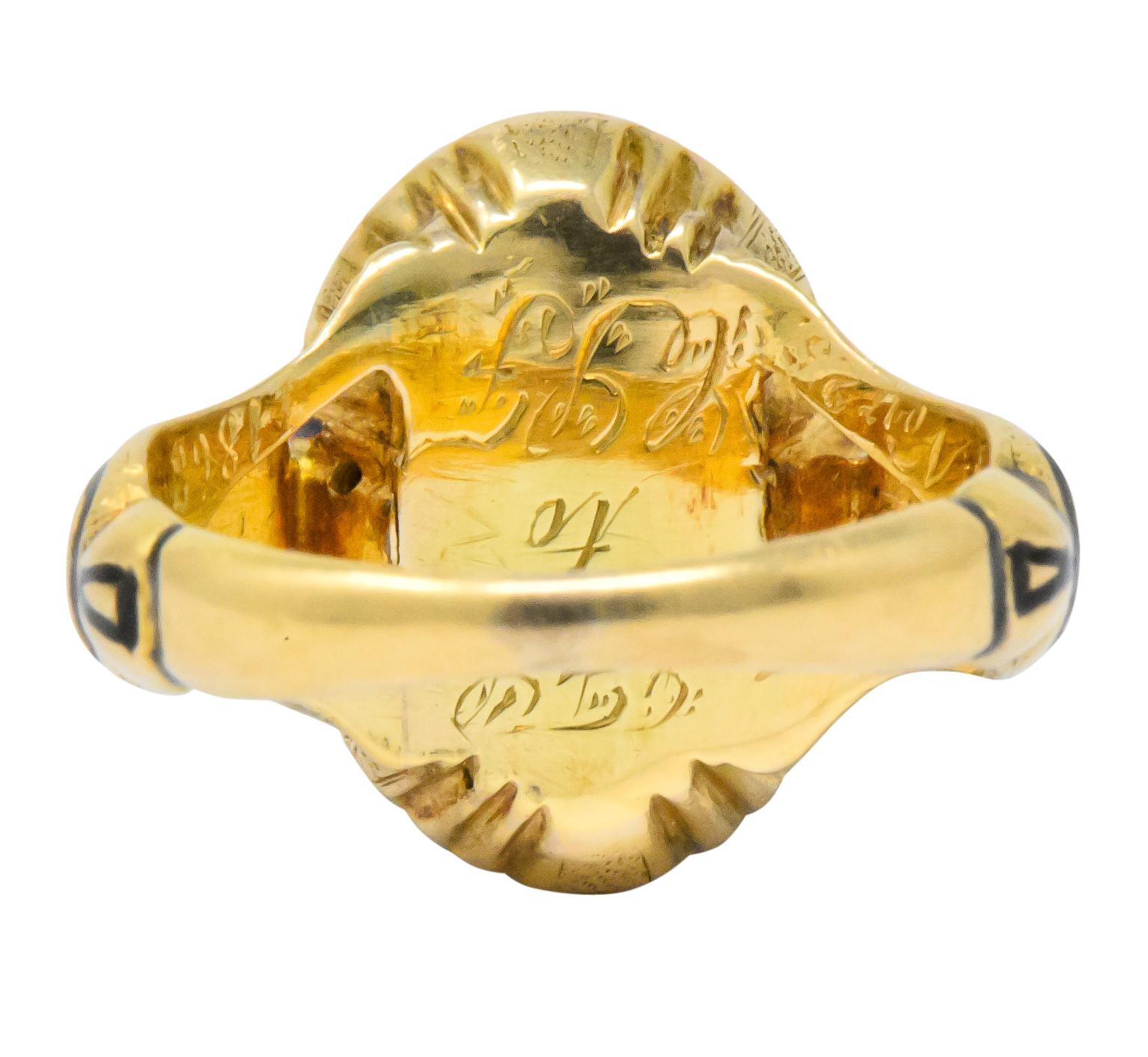Victorian Diamond Cross 14 Karat Gold Enamel Mourning Ring In Excellent Condition In Philadelphia, PA