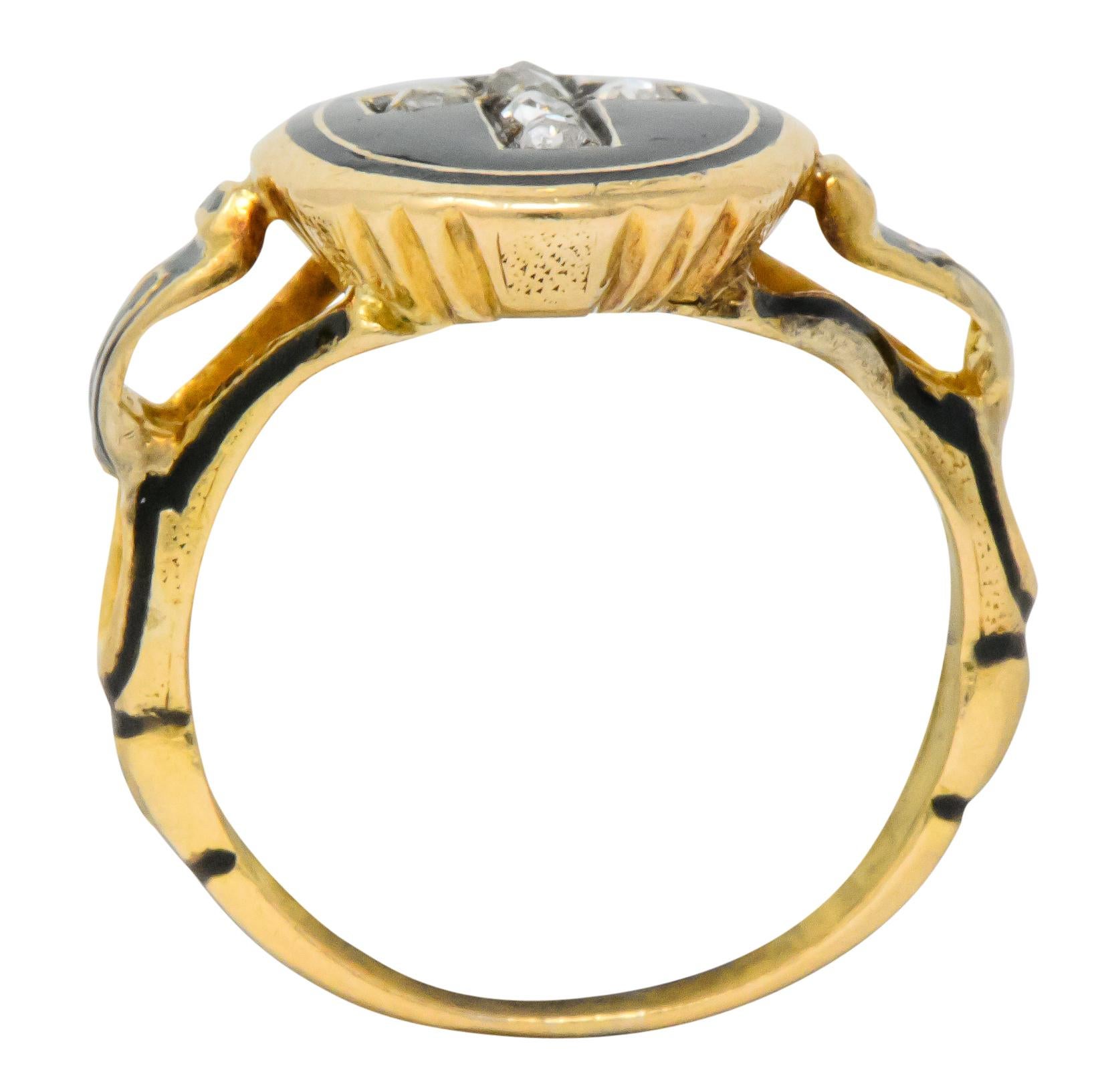Women's or Men's Victorian Diamond Cross 14 Karat Gold Enamel Mourning Ring