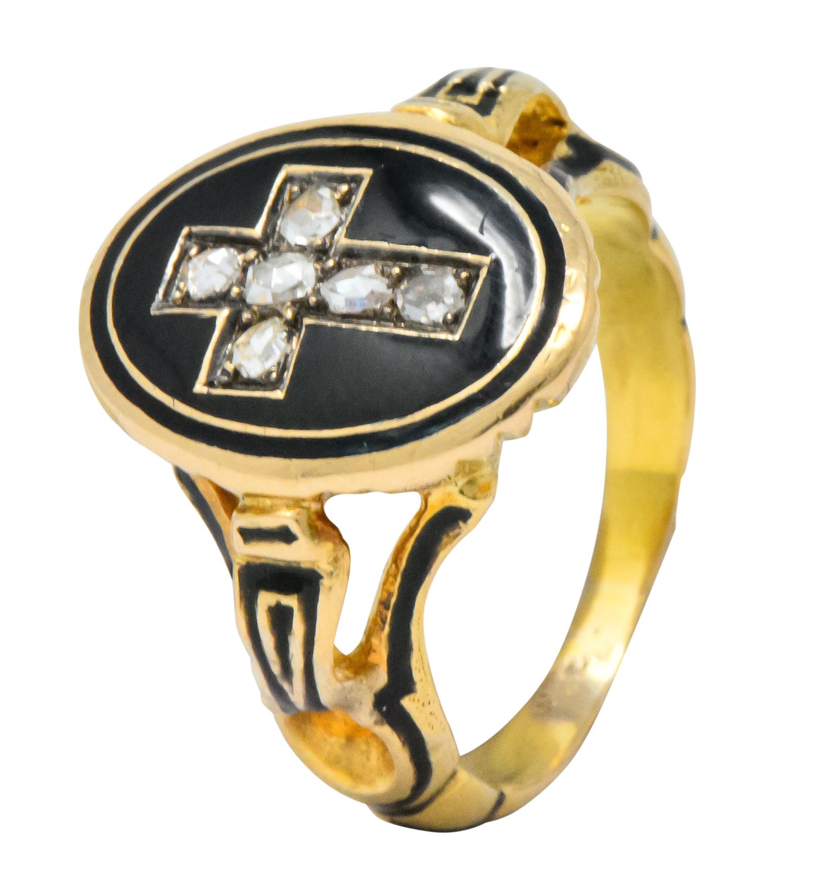 Victorian Diamond Cross 14 Karat Gold Enamel Mourning Ring 1
