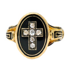 Victorian Diamond Cross 14 Karat Gold Enamel Mourning Ring
