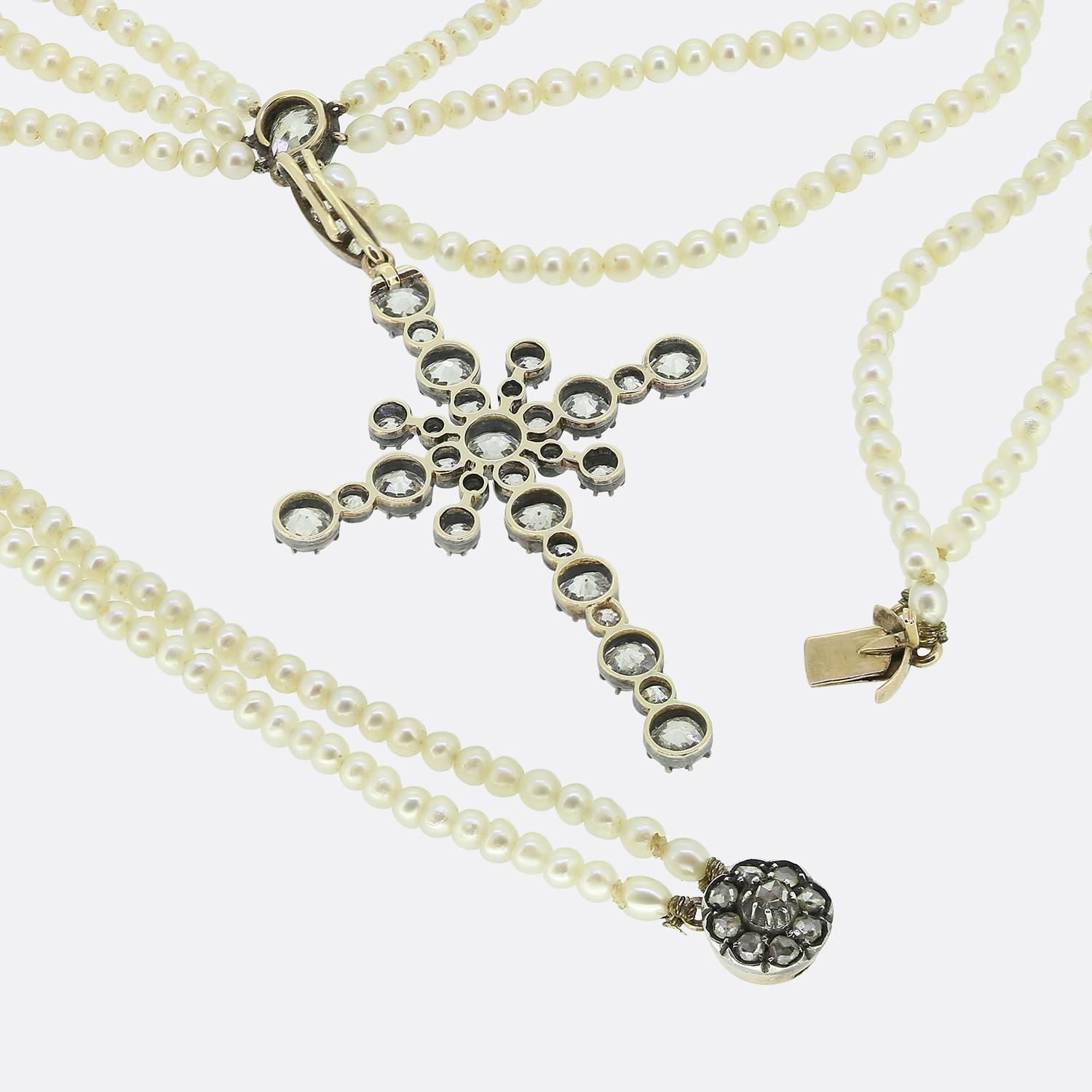 Old Mine Cut Victorian Diamond Cross Pearl Necklace For Sale