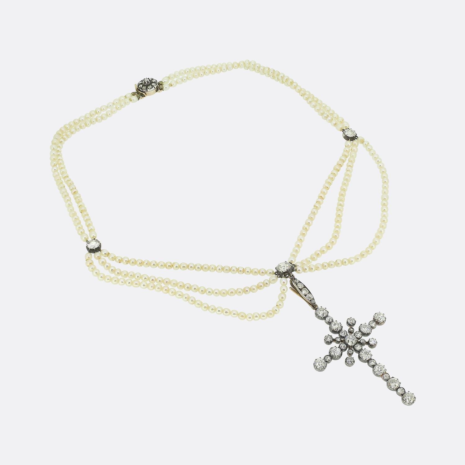 Victorian Diamond Cross Pearl Necklace In Good Condition For Sale In London, GB