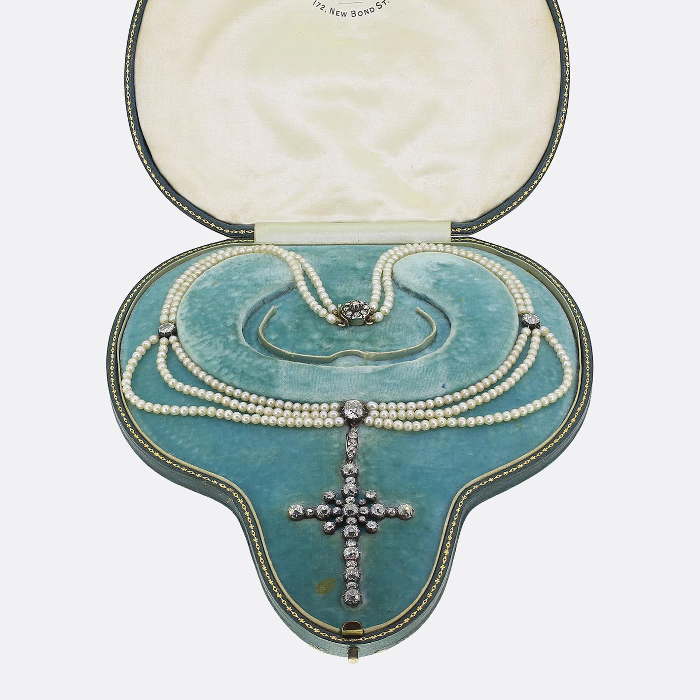 Women's or Men's Victorian Diamond Cross Pearl Necklace For Sale