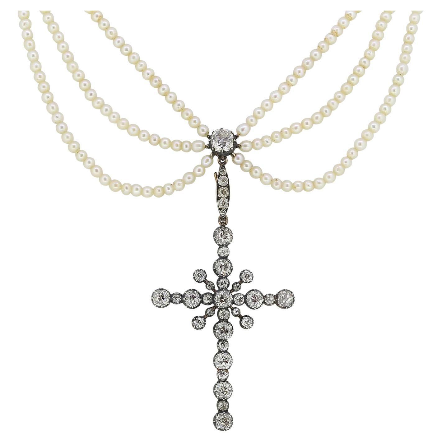 Victorian Diamond Cross Pearl Necklace For Sale
