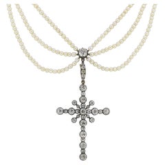 Victorian Diamond Cross Pearl Necklace