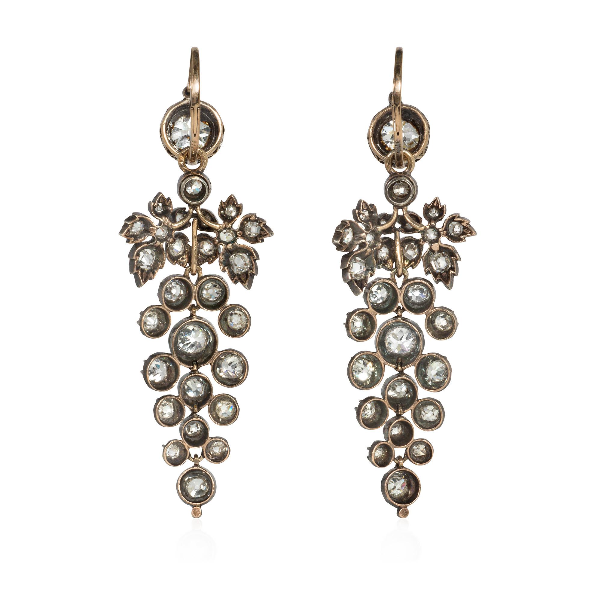 Victorian Antique Diamond Day-to-Night Grape Cluster Earrings with Solitaire Tops For Sale