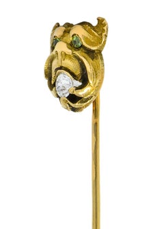 Victorian Diamond Demantoid Garnet 14 Karat Gargoyle Stickpin