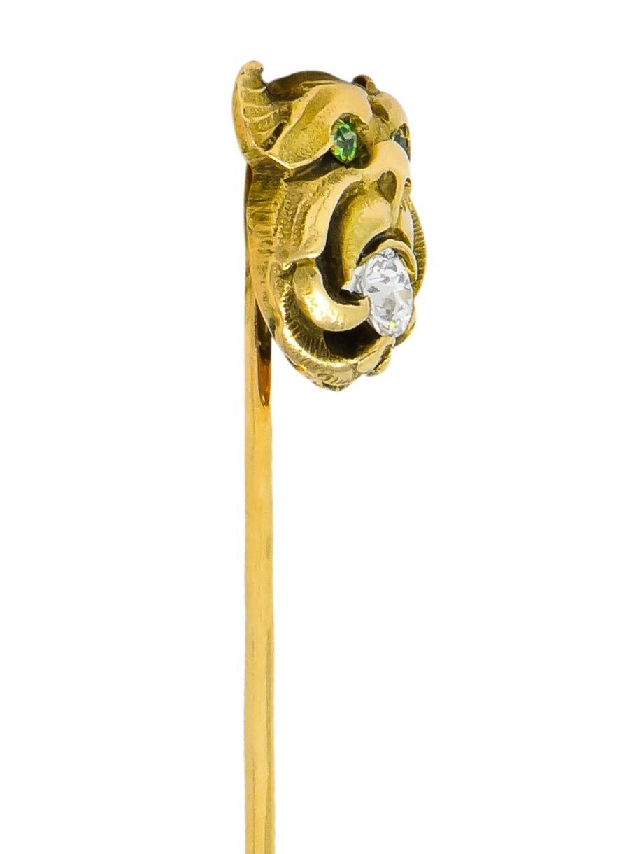 Victorian Diamond Demantoid Garnet 14 Karat Gargoyle Stickpin In Excellent Condition For Sale In Philadelphia, PA