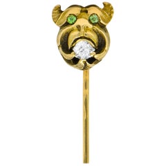 Victorian Diamond Demantoid Garnet 14 Karat Gargoyle Stickpin