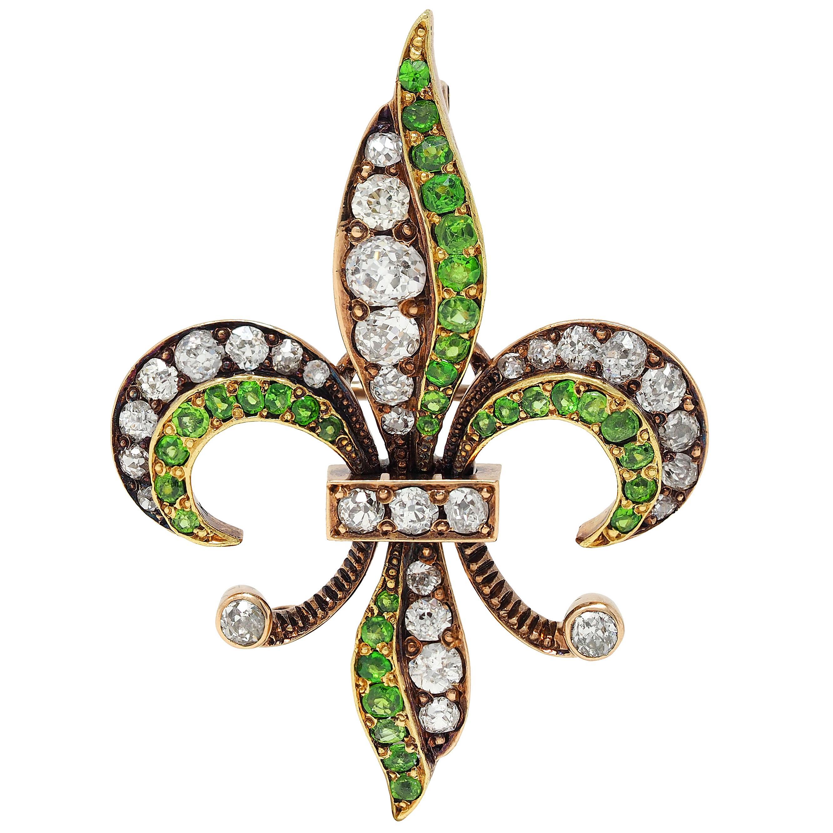 Broche pendentif Fleur-De-Lis victorienne en or 14K avec diamant et grenat démantoïde