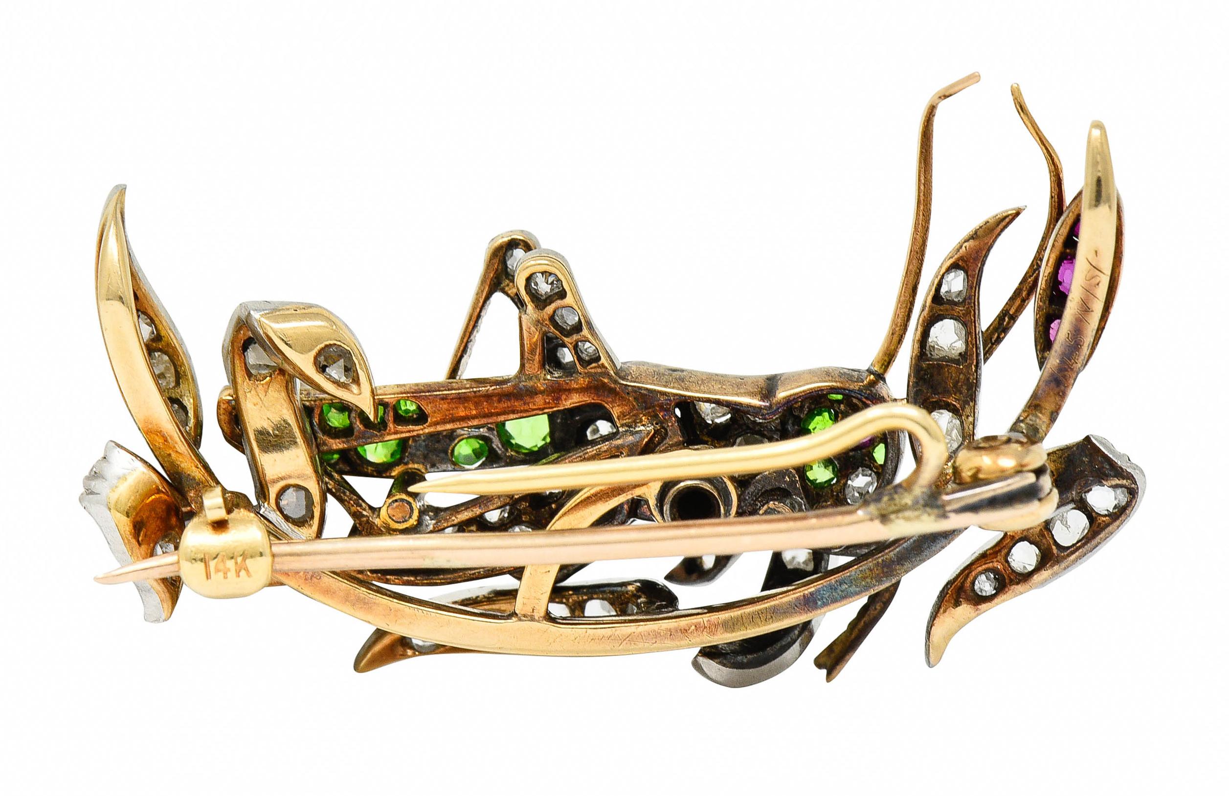 Round Cut Victorian Diamond Demantoid Garnet Platinum 14 Karat Gold Grasshopper Brooch