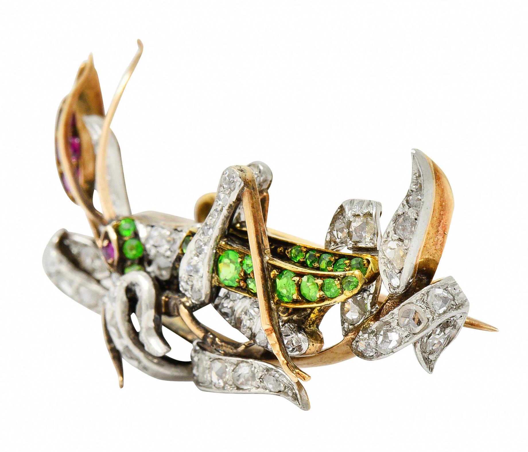 Victorian Diamond Demantoid Garnet Platinum 14 Karat Gold Grasshopper Brooch In Excellent Condition In Philadelphia, PA