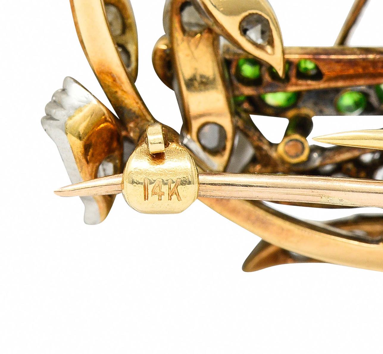 Women's or Men's Victorian Diamond Demantoid Garnet Platinum 14 Karat Gold Grasshopper Brooch
