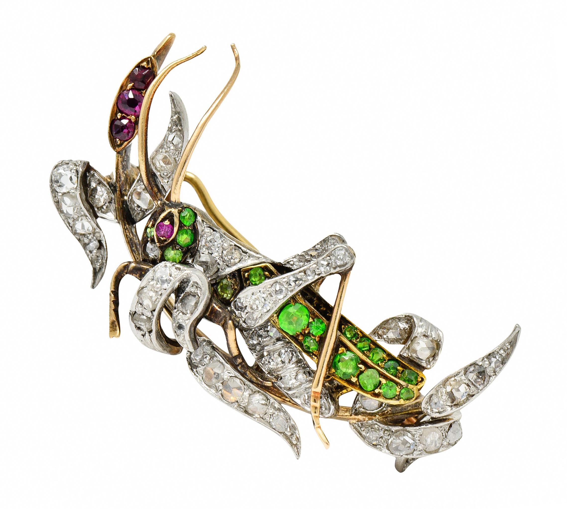 Victorian Diamond Demantoid Garnet Platinum 14 Karat Gold Grasshopper Brooch 2
