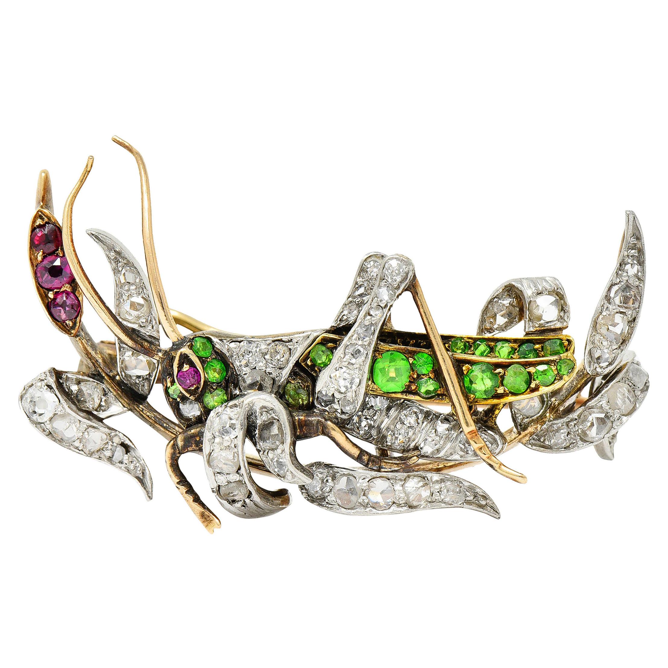 Victorian Diamond Demantoid Garnet Platinum 14 Karat Gold Grasshopper Brooch