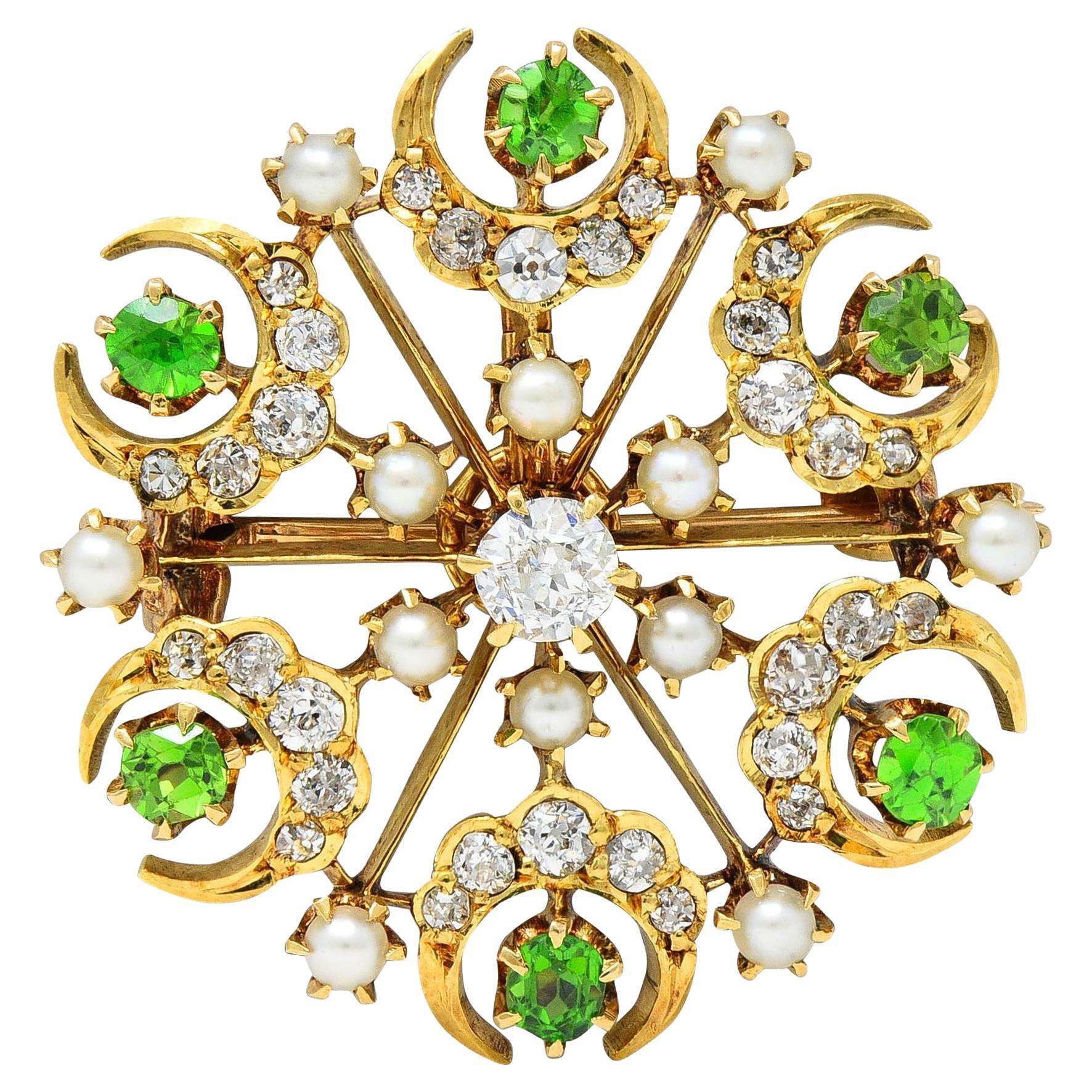 Broche Colgante Victoriano Diamante Perla Demantoide Oro 18K Antiguo Starburst