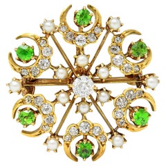 Broche Colgante Victoriano Diamante Perla Demantoide Oro 18K Antiguo Starburst