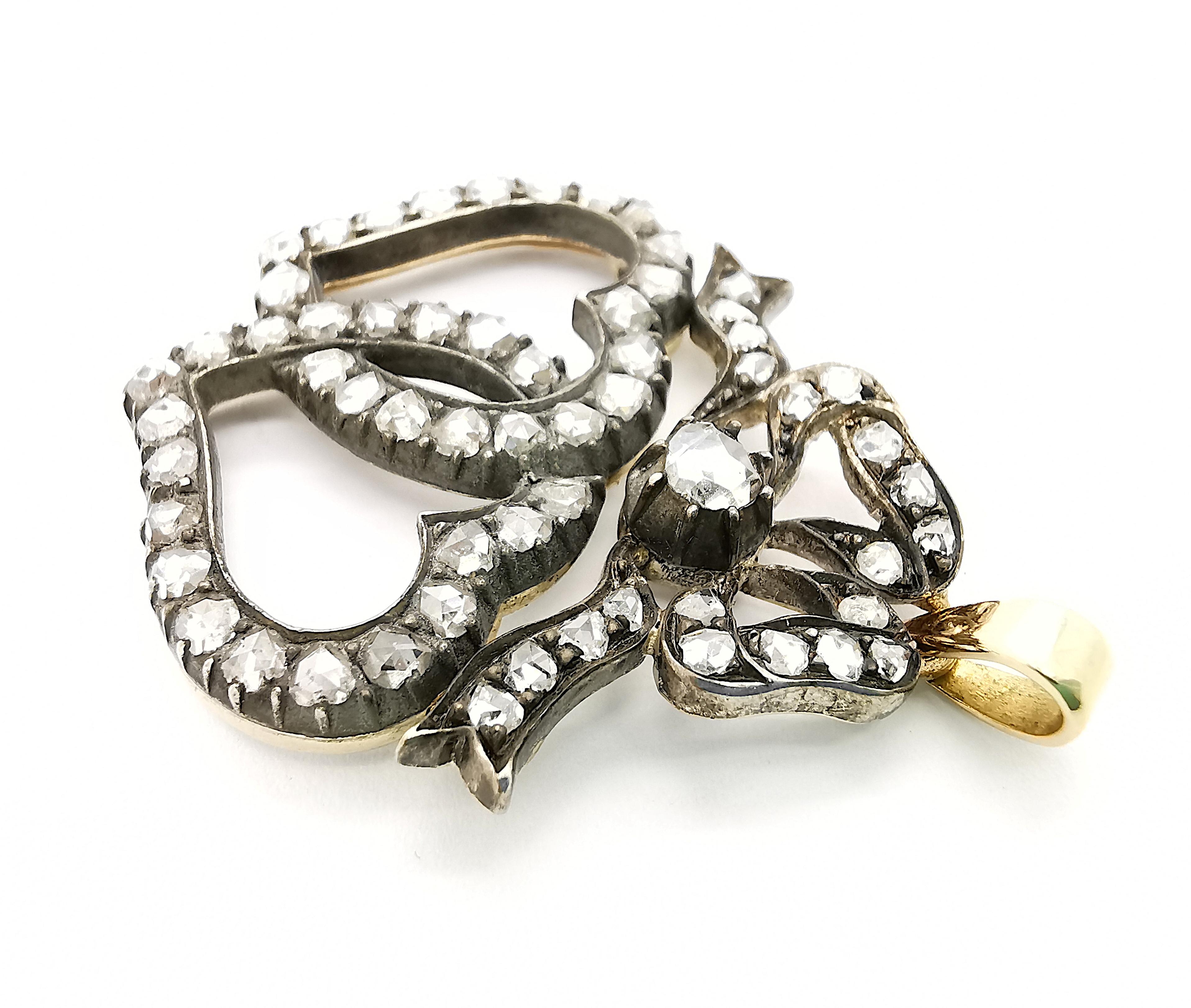 Colgante victoriano de doble corazón y lazo de diamantes Luckenbooth de plata sobre oro Corte rosa en venta