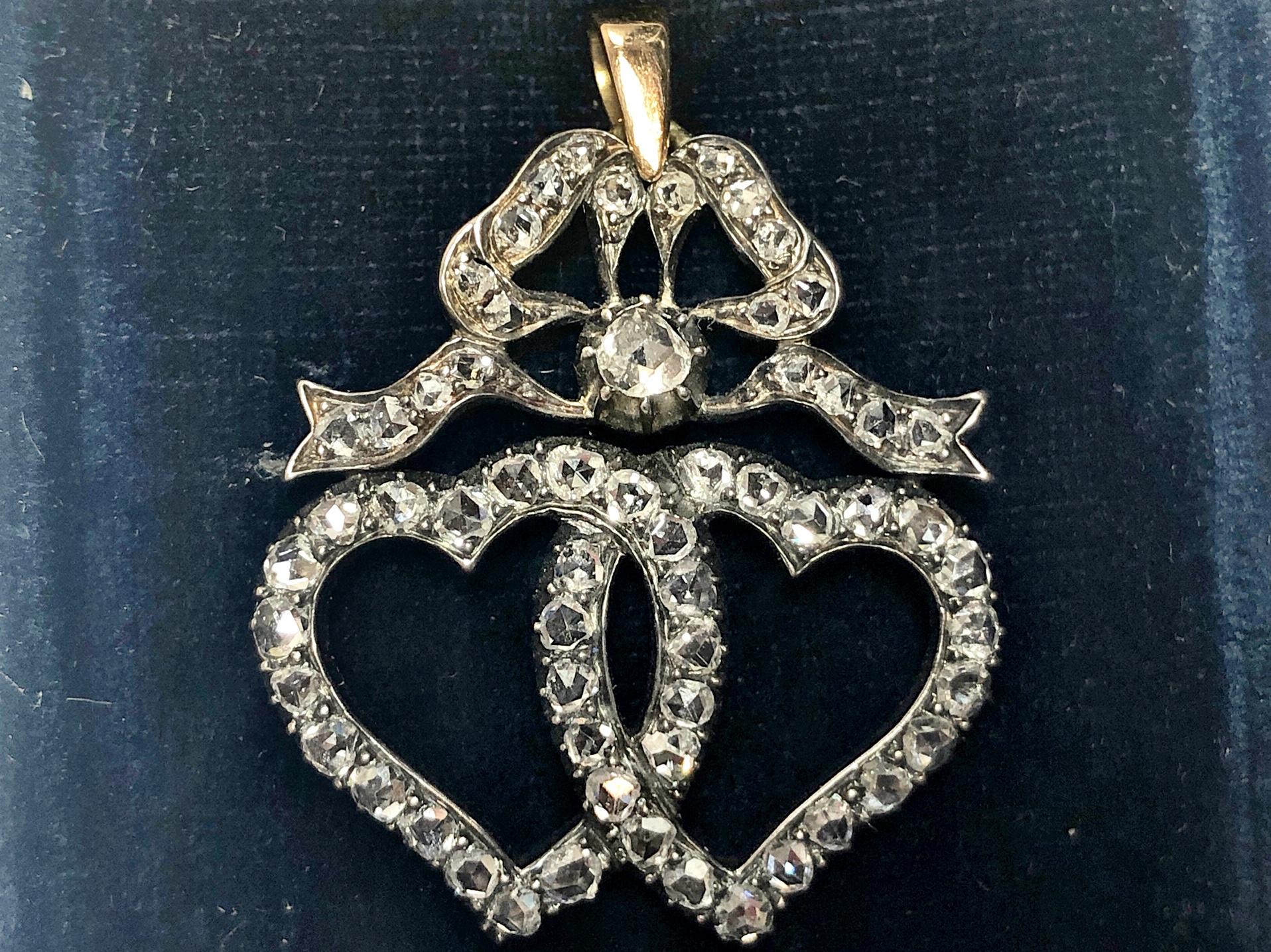 Women's Victorian Diamond Double Heart and Bow Luckenbooth Silver Upon Gold Pendant For Sale