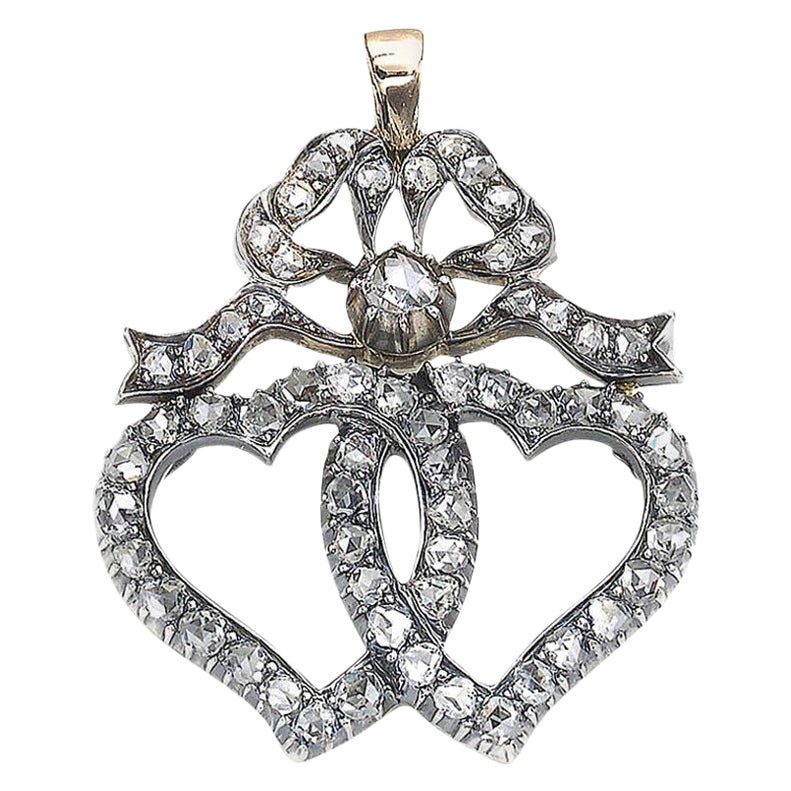 Victorian Diamond Double Heart and Bow Luckenbooth Silver-Upon-Gold Pendant