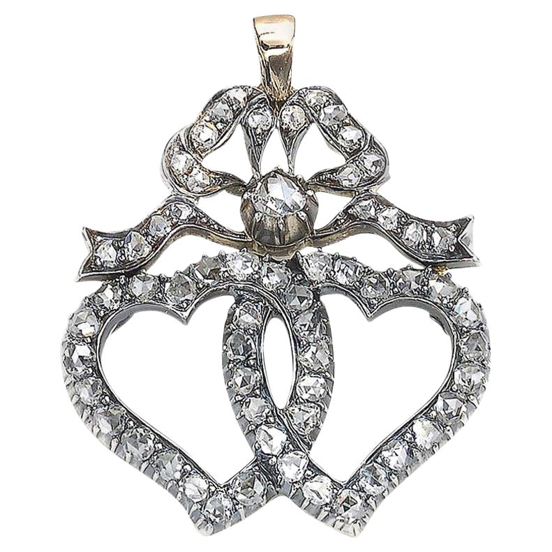 Victorian Diamond Double Heart and Bow Luckenbooth Silver Upon Gold Pendant For Sale