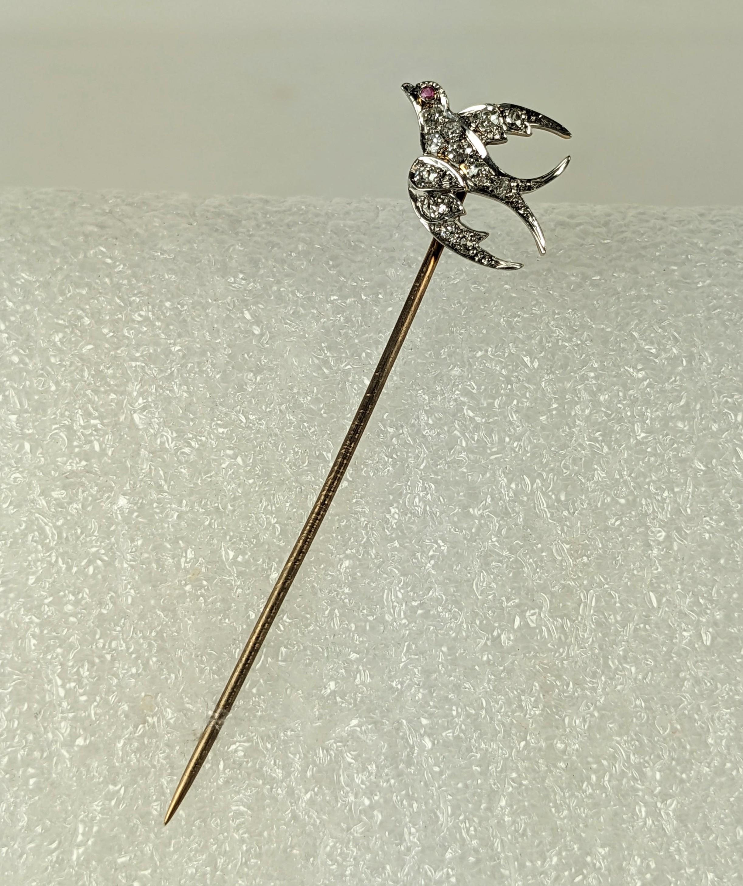 Lovely Victorian Diamond Dove or Sparrow Stickpin in 18K with bright European cut diamonds with tiny ruby eye. Platinum topped gold, beautifully crafted. 2.75