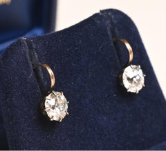 Victorian Diamond Earrings. 2.50TCW Old Euro Diamond Earrings Silver on 14K Gold
