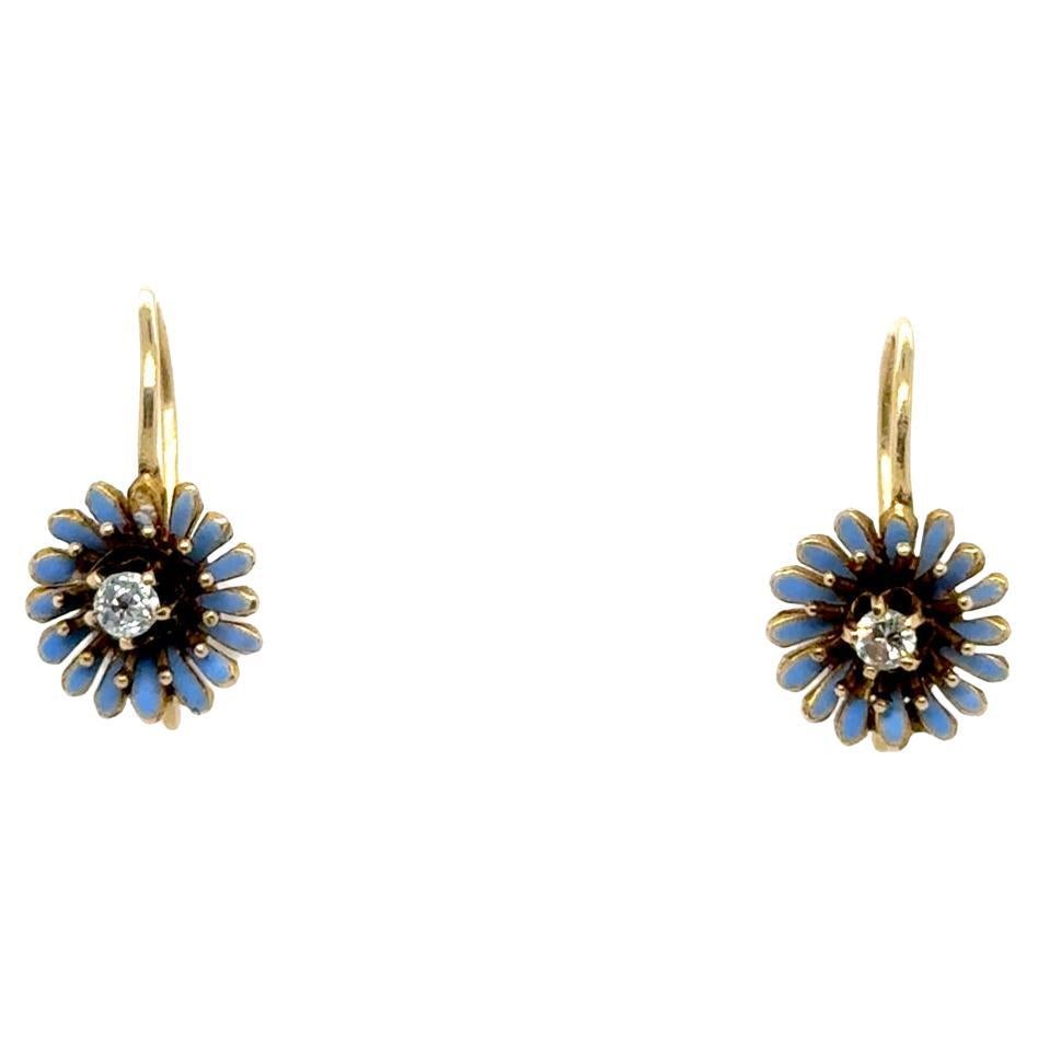 Victorian Diamond Earrings Old Mine Enamel Flower 14K Original 1860
s