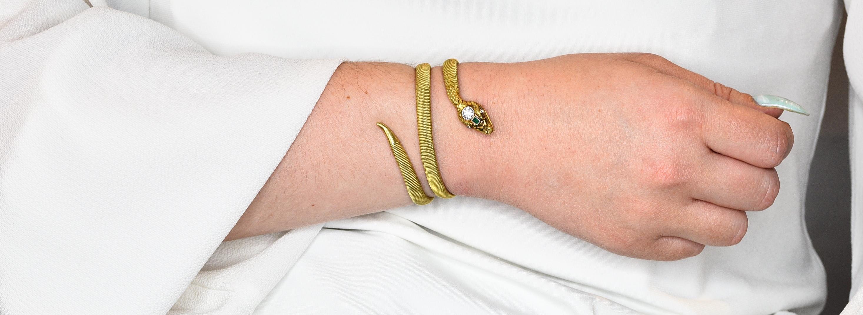 Viktorianisches Wickel-Armband, Diamant Smaragd 14 Karat Gold Schlange Tubogas 10