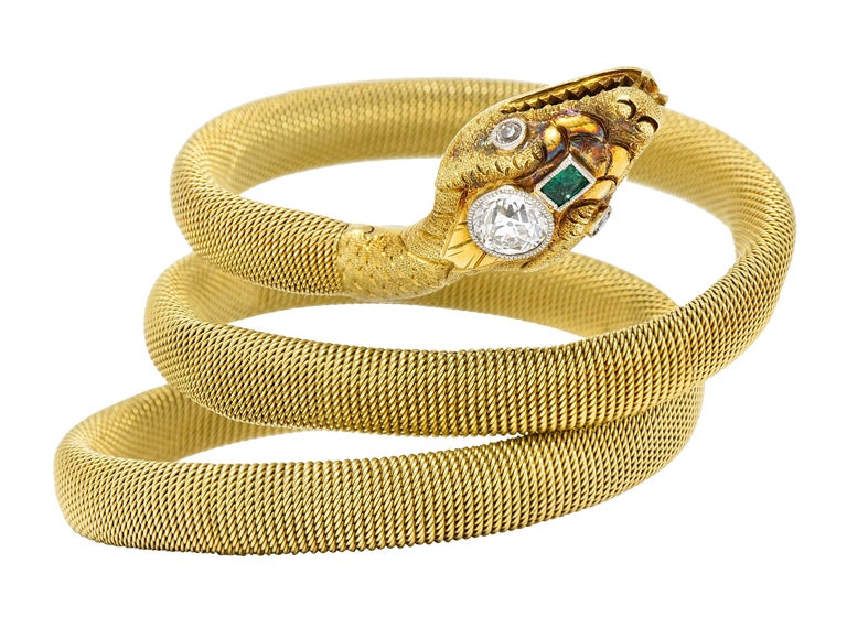 Victorian Diamond Emerald 14 Karat Gold Snake Tubogas Wrap Bracelet For