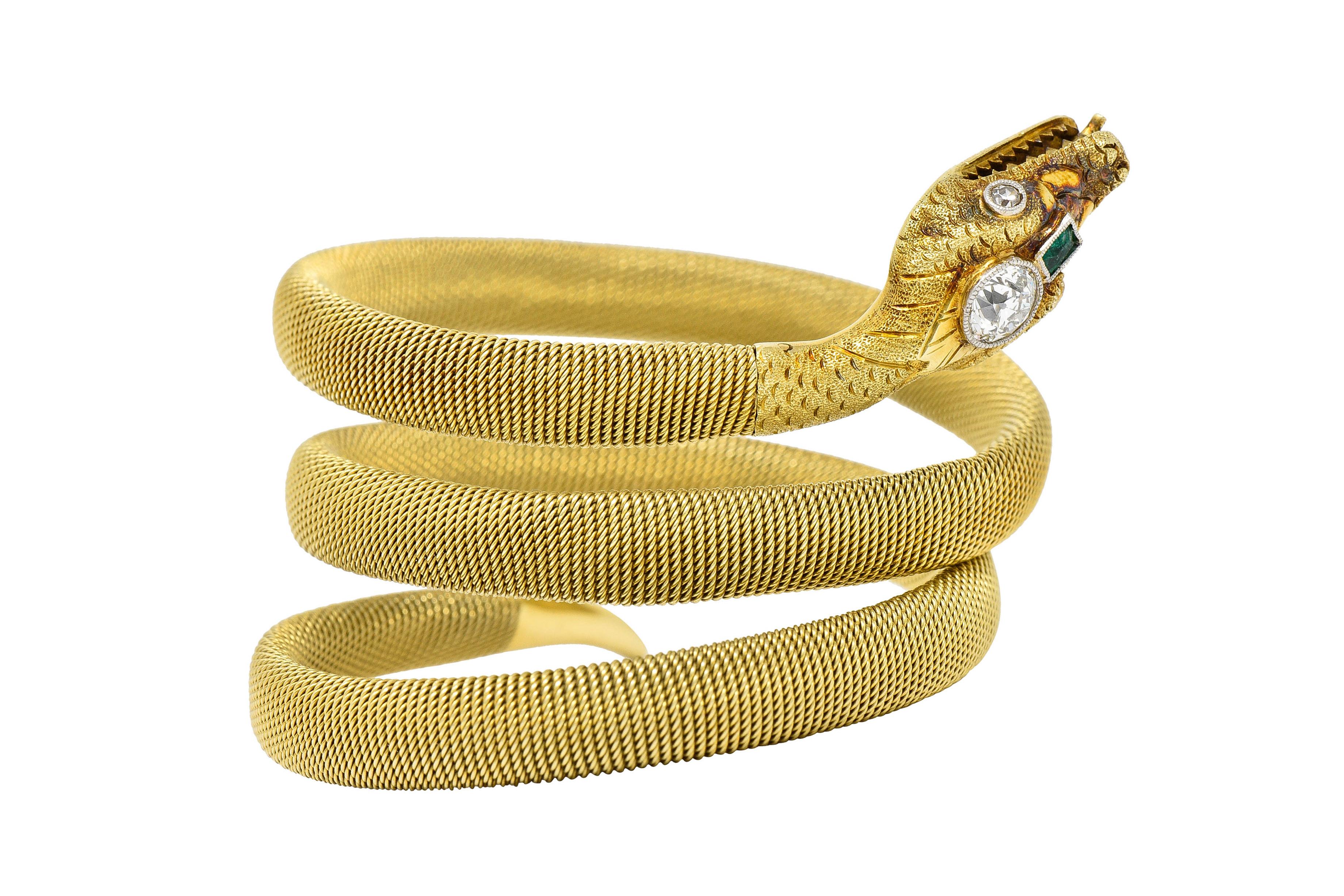 Viktorianisches Wickel-Armband, Diamant Smaragd 14 Karat Gold Schlange Tubogas (Alteuropäischer Schliff)