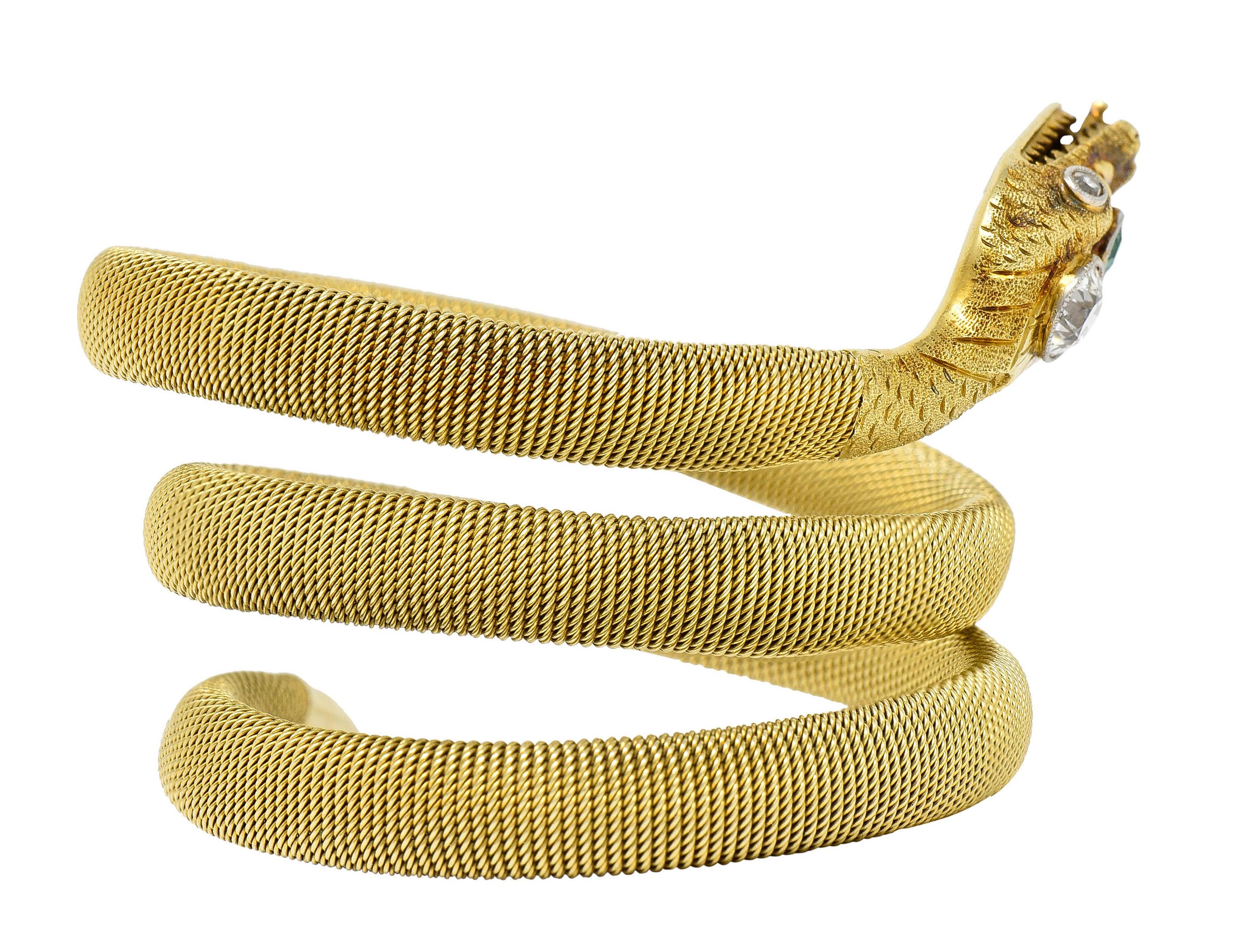 Viktorianisches Wickel-Armband, Diamant Smaragd 14 Karat Gold Schlange Tubogas im Zustand ��„Hervorragend“ in Philadelphia, PA