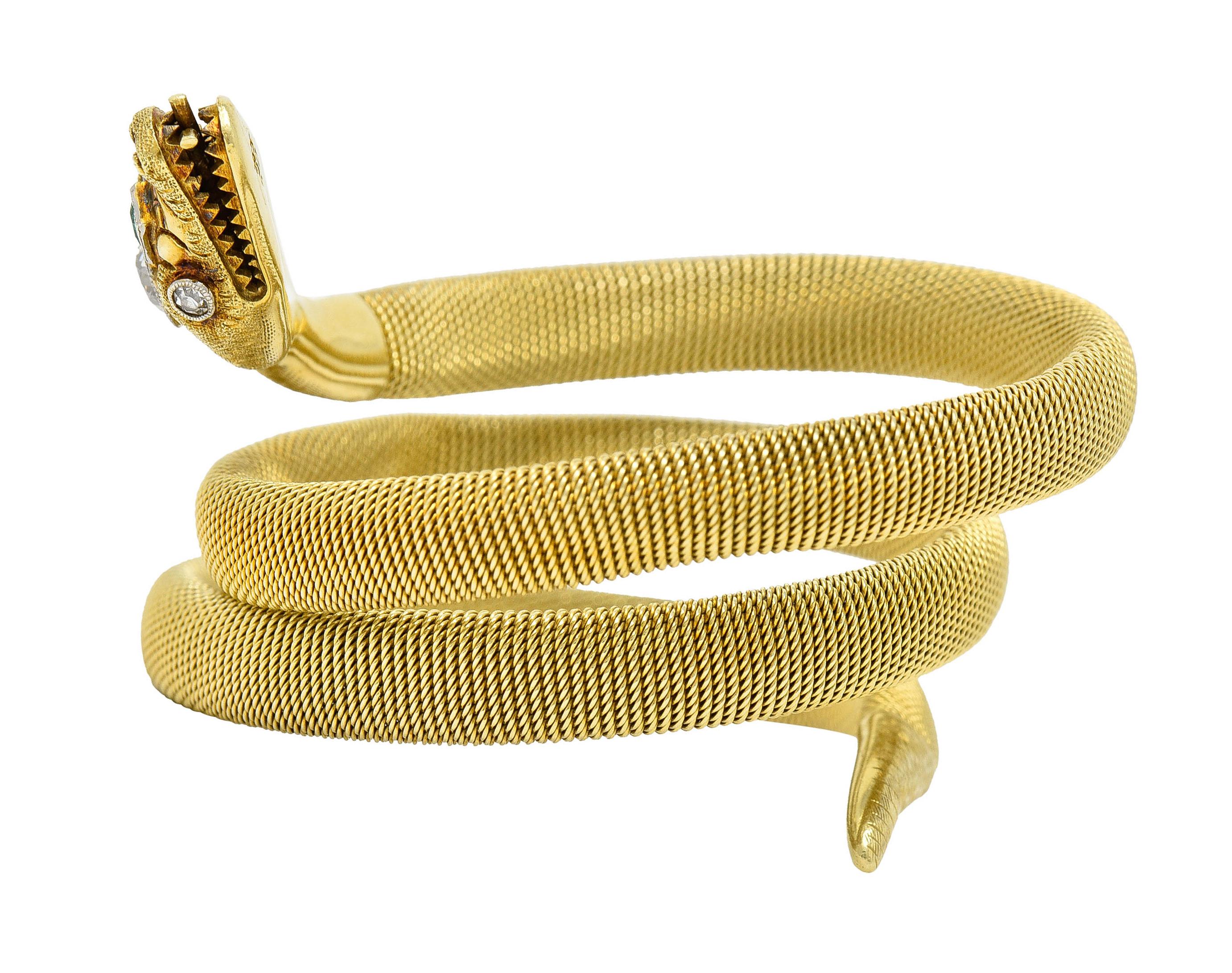 Viktorianisches Wickel-Armband, Diamant Smaragd 14 Karat Gold Schlange Tubogas 1