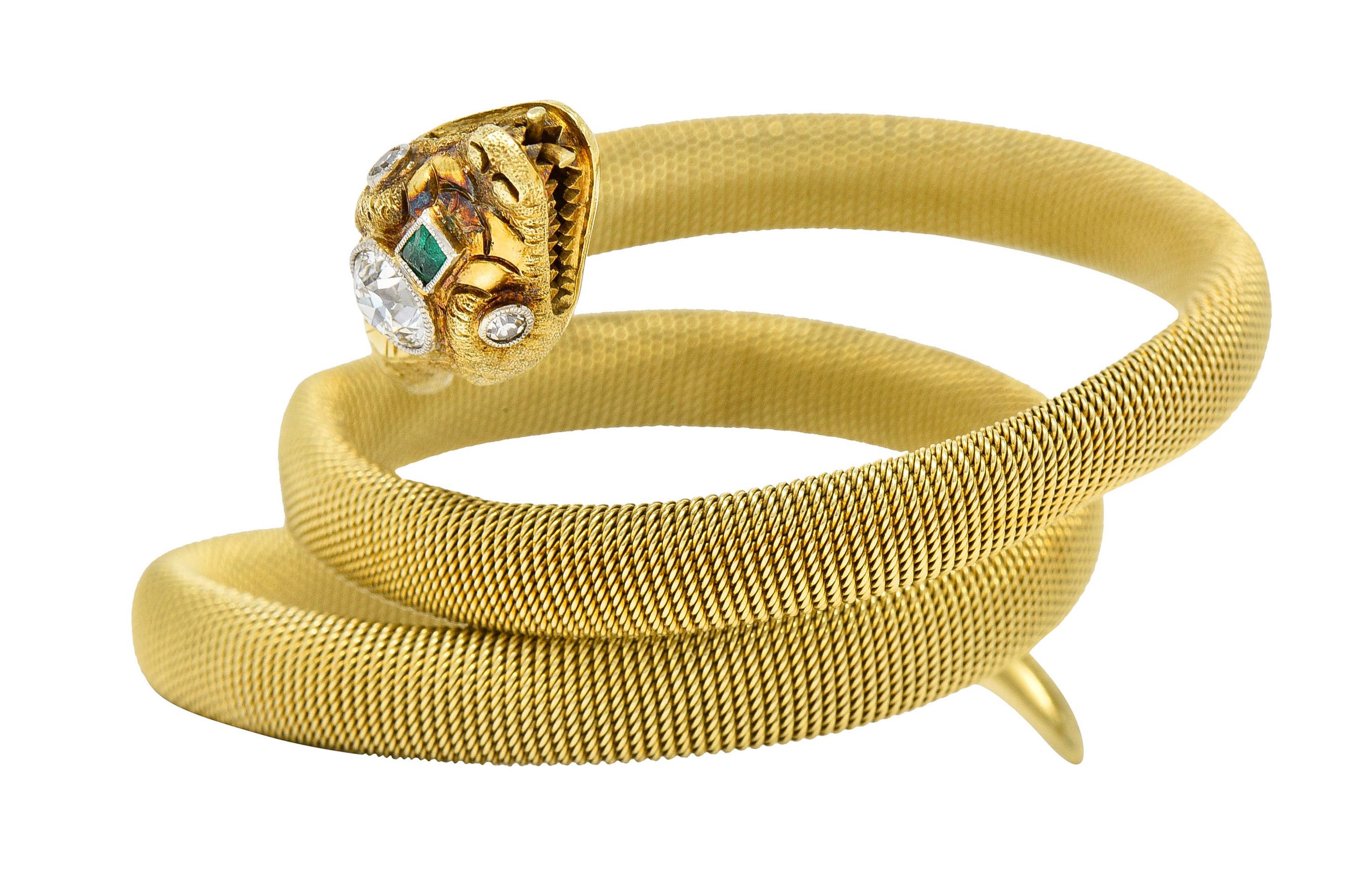 Viktorianisches Wickel-Armband, Diamant Smaragd 14 Karat Gold Schlange Tubogas 2