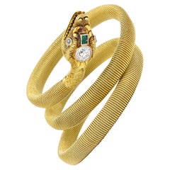 Victorian Diamond Emerald 14 Karat Gold Snake Tubogas Wrap Bracelet