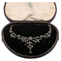 Antique Victorian Diamond Emerald 18 Kt Silver Boxed necklace