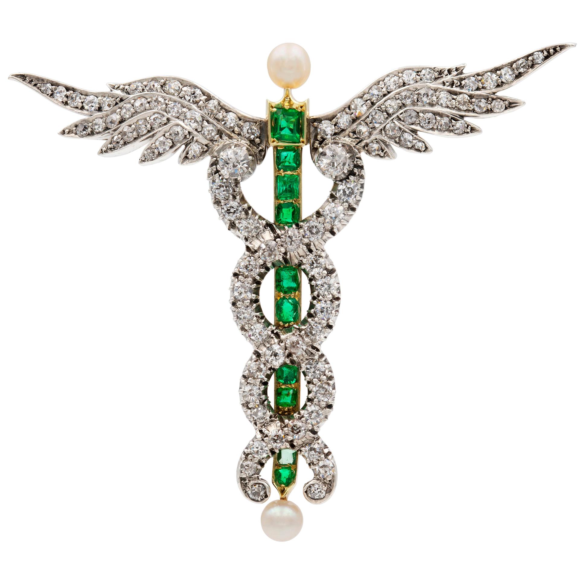 Victorian Diamond, Emerald and Pearl Caduceus Brooch For Sale