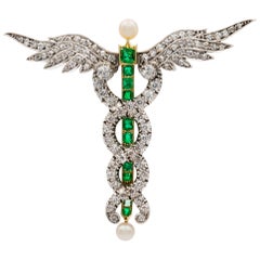 Antique Victorian Diamond, Emerald and Pearl Caduceus Brooch