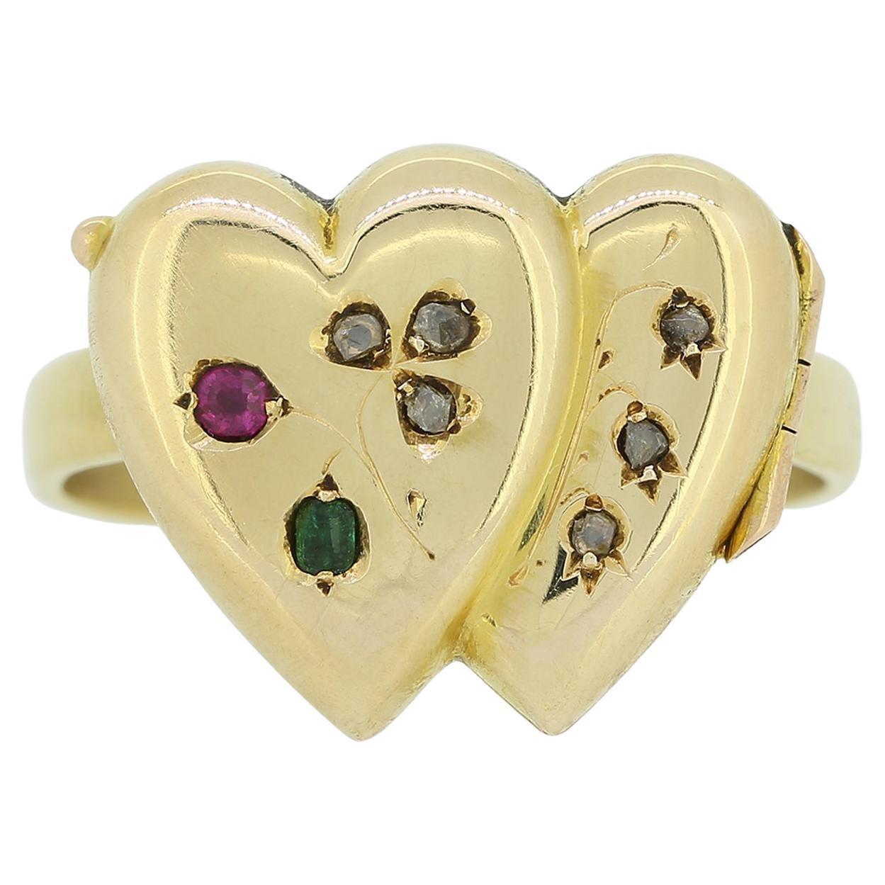 Victorian Diamond Emerald and Ruby Double Heart Locket Ring For Sale