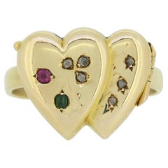 Antique Victorian Diamond Emerald and Ruby Double Heart Locket Ring