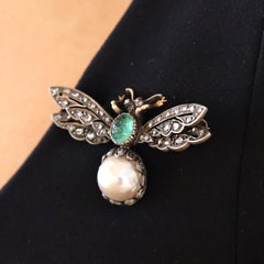 Victorian Diamond Emerald Pearl Bee Pin Brooch