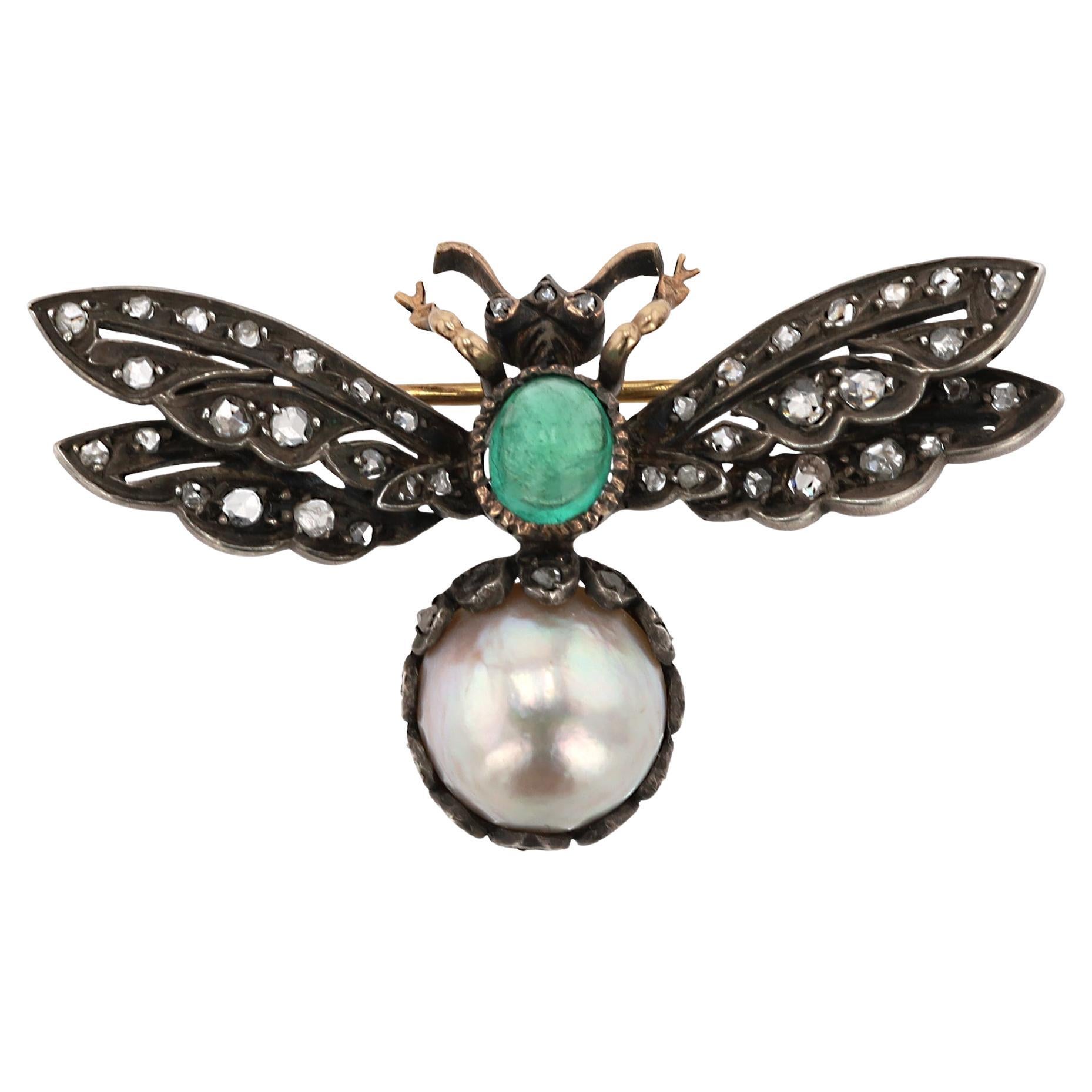 Viktorianische Diamant-Smaragd-Perlen-Bienen-Brosche
