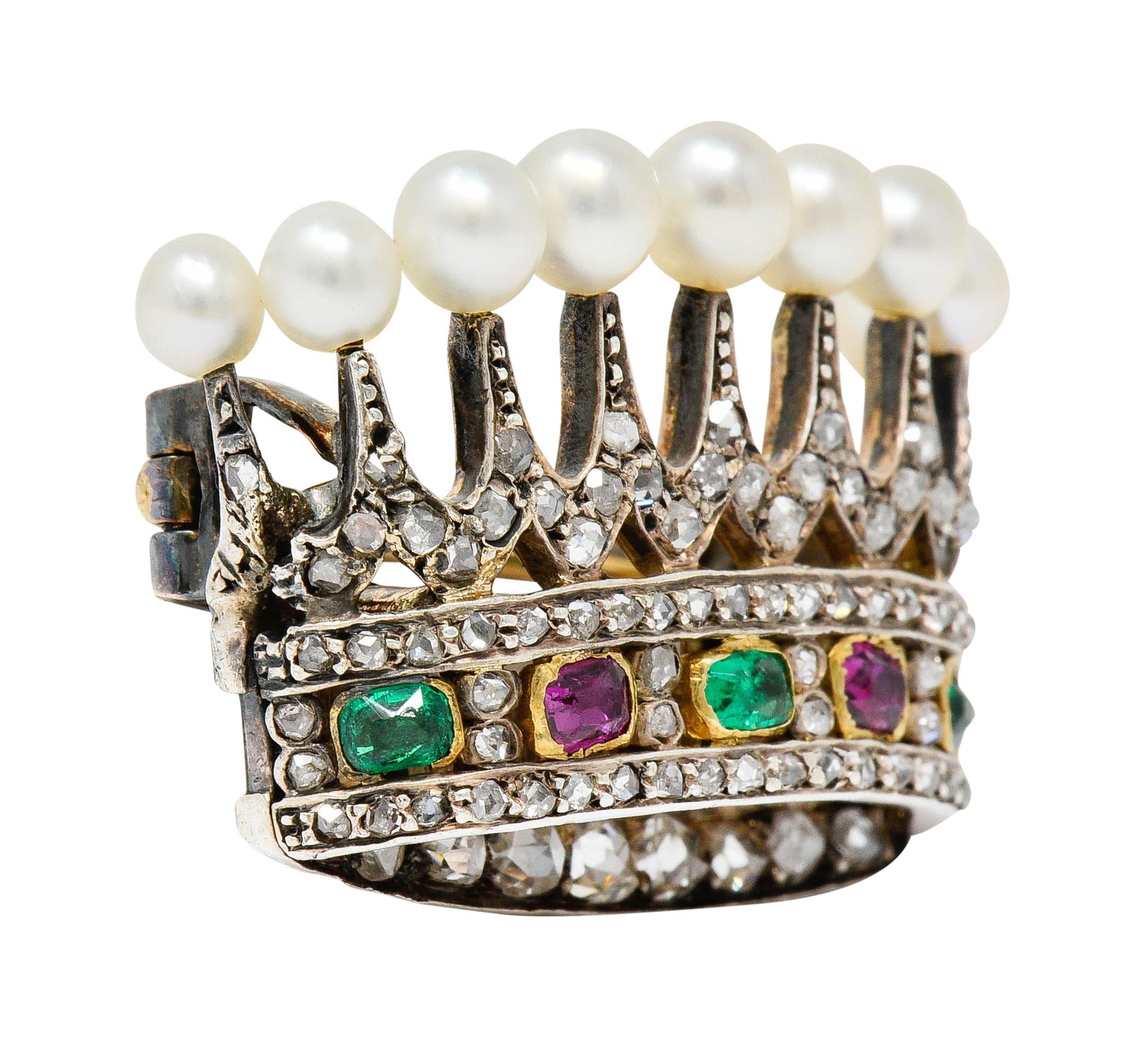 Rose Cut Victorian Diamond Emerald Ruby Pearl Silver-Topped 14 Karat Gold Crown Brooch