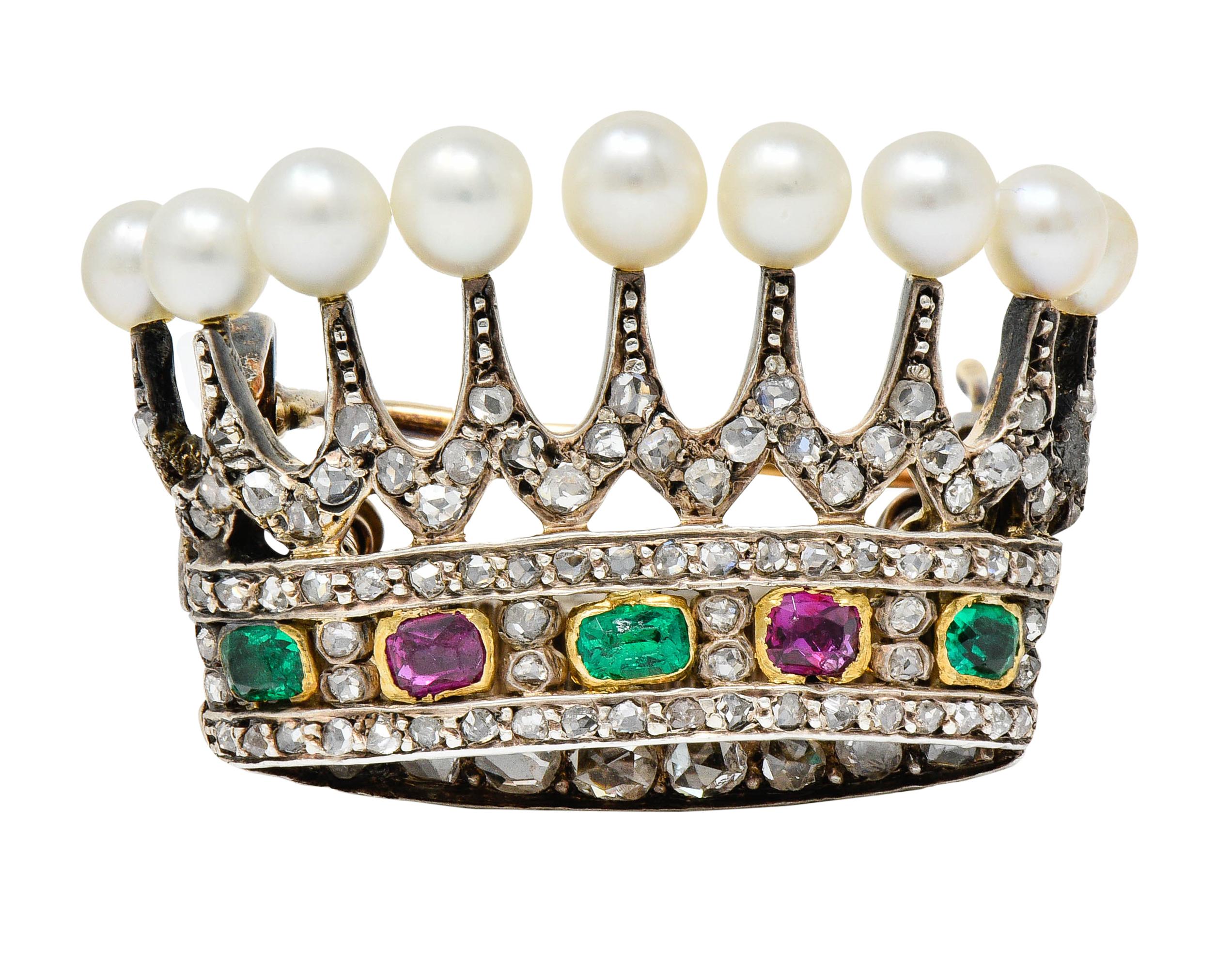 Victorian Diamond Emerald Ruby Pearl Silver-Topped 14 Karat Gold Crown Brooch In Excellent Condition In Philadelphia, PA