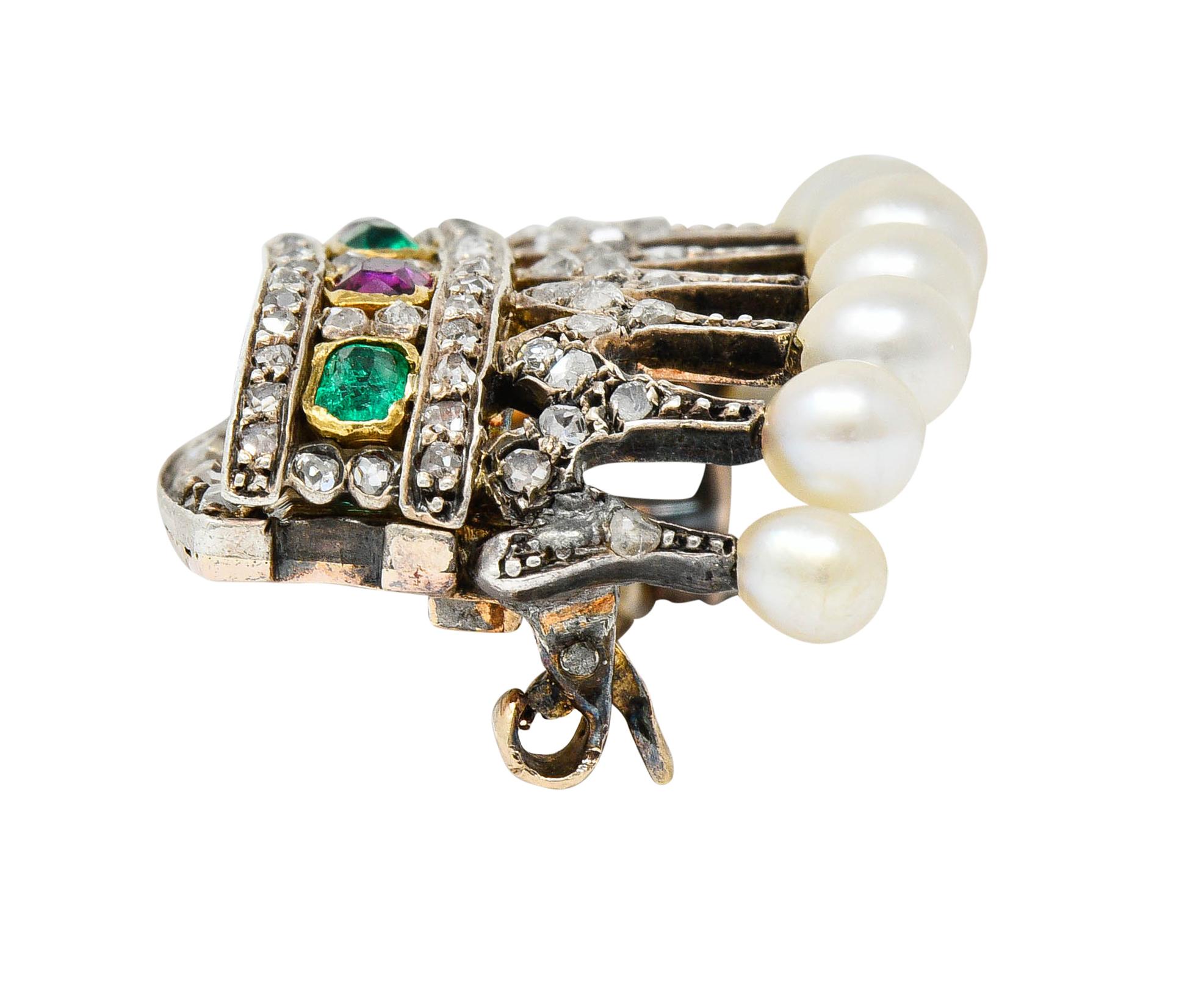 Victorian Diamond Emerald Ruby Pearl Silver-Topped 14 Karat Gold Crown Brooch 3