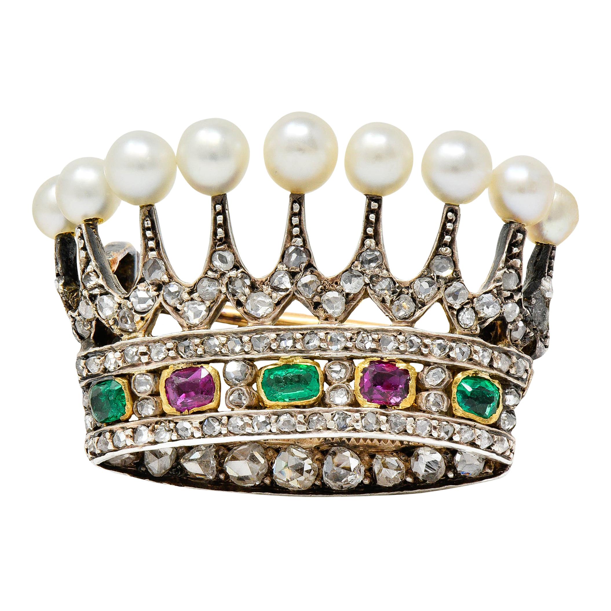 Victorian Diamond Emerald Ruby Pearl Silver-Topped 14 Karat Gold Crown Brooch